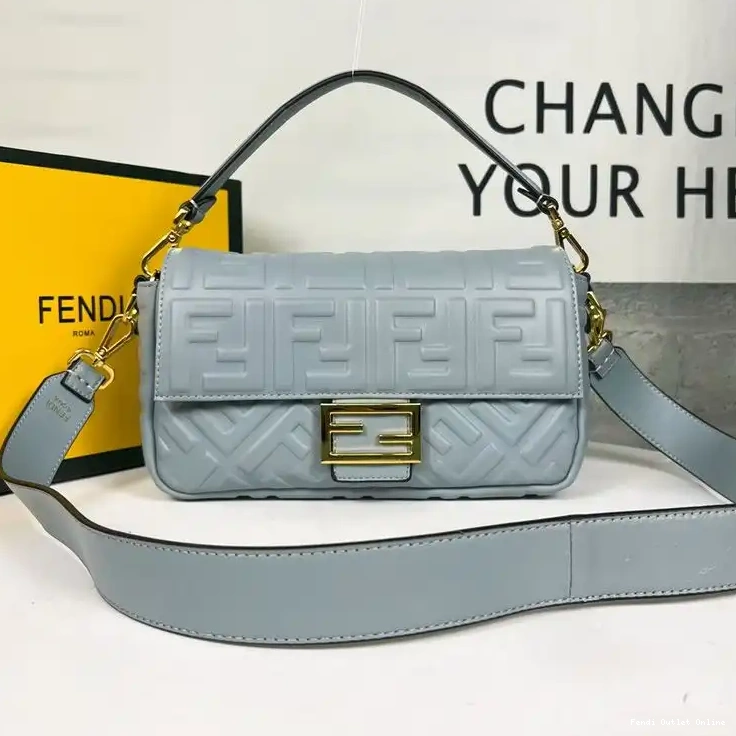 Cheap Blue Bag Fendi Medium Leather Motif In Sky FF Nappa Baguette 0624